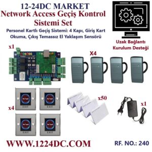 Network Access Geçiş Kontrol Sistemi_Set-240: Personel Kartlı Geçiş Sistemi; 4 Kapı, Giriş Kart Okuma, Çıkış Temassız El Yaklaşım Sensörü